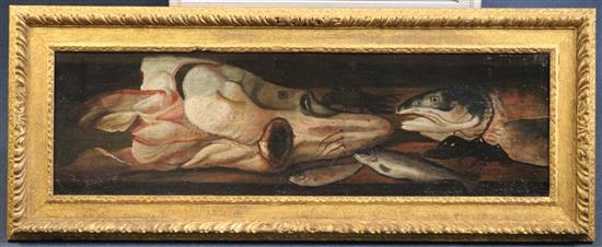 17th century Flemish School Fishes and crustaceans on a ledge, 11 x 37in.